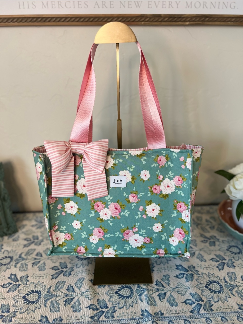 Joie by Hollie Floral Tote Bag in Teal with Pink and white Striped Bow🌷 $65 Firm